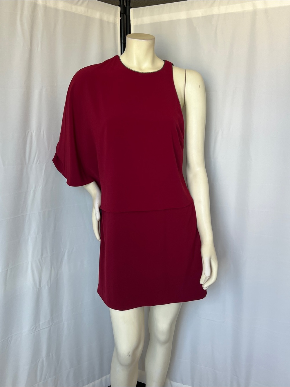 Halston Heritage One-Shoulder Mini Burgundy Dress With Cape Overlay